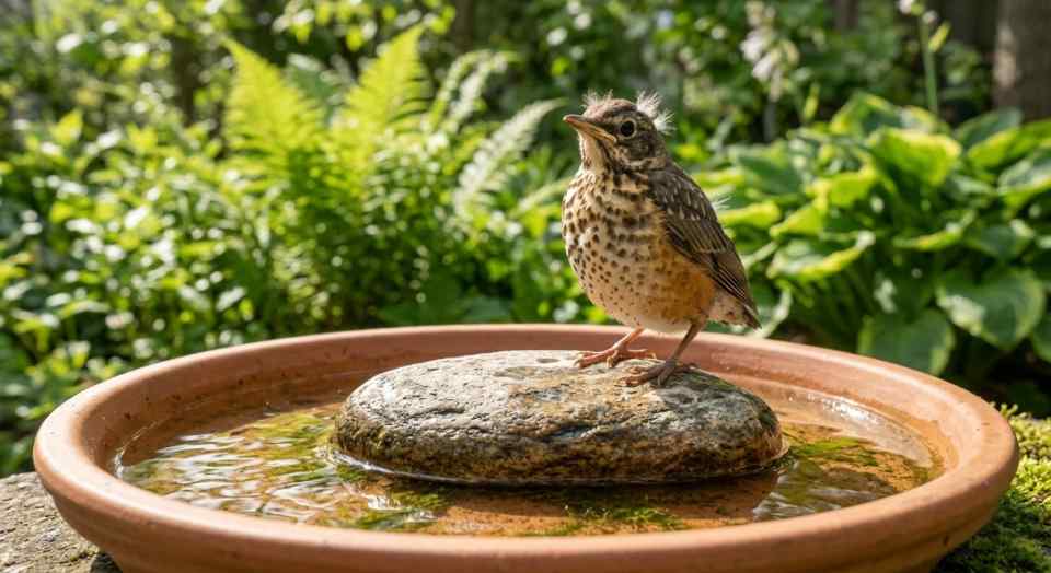 A fledgling American robin with spotted plumage and fuzzy head tufts perched on a landing stone in a shallow terracotta birdbath.
