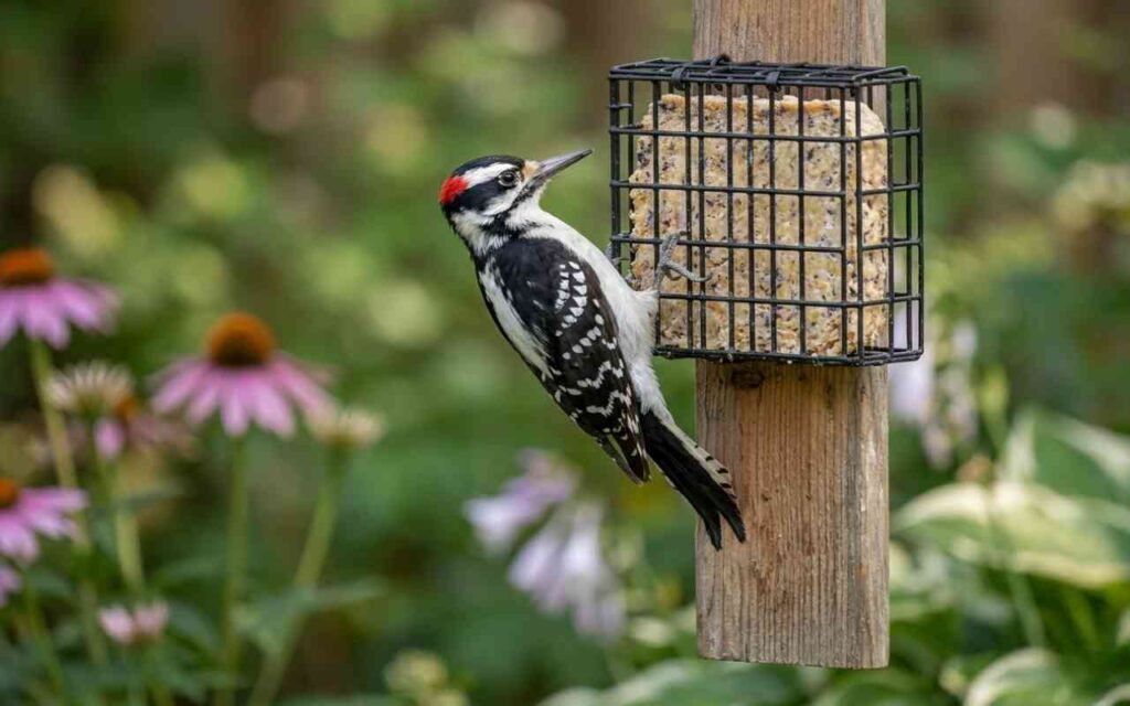 A male Hairy Woodpecker using a tail-prop suet feeder to stabilize its vertical foraging posture in a suburban garden.