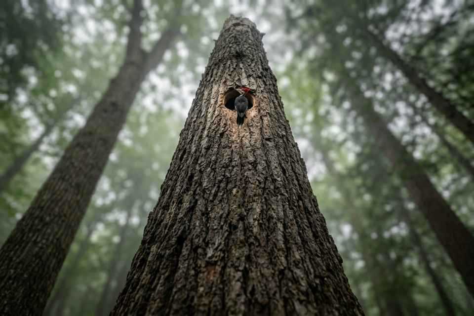 A dramatic low-angle shot of a Pileated Woodpecker nesting site 50 feet up a branchless snag, illustrating vertical predator defense.