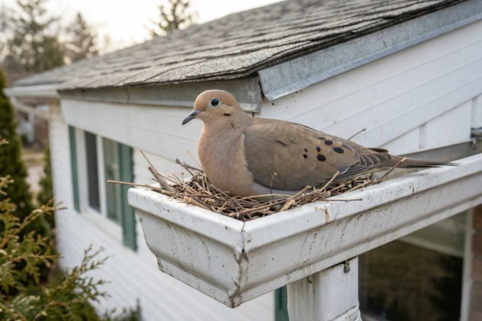 A biologically perfect Mourning Dove sitting on a twig nest inside a white residential rain gutter corner.
