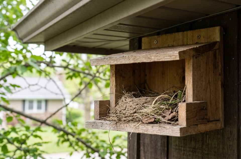 A side-view of a wooden 8x8 inch open-front nesting shelf mounted under a white house eave, illustrating the 360-degree visibility required for American Robin nesting platforms.

