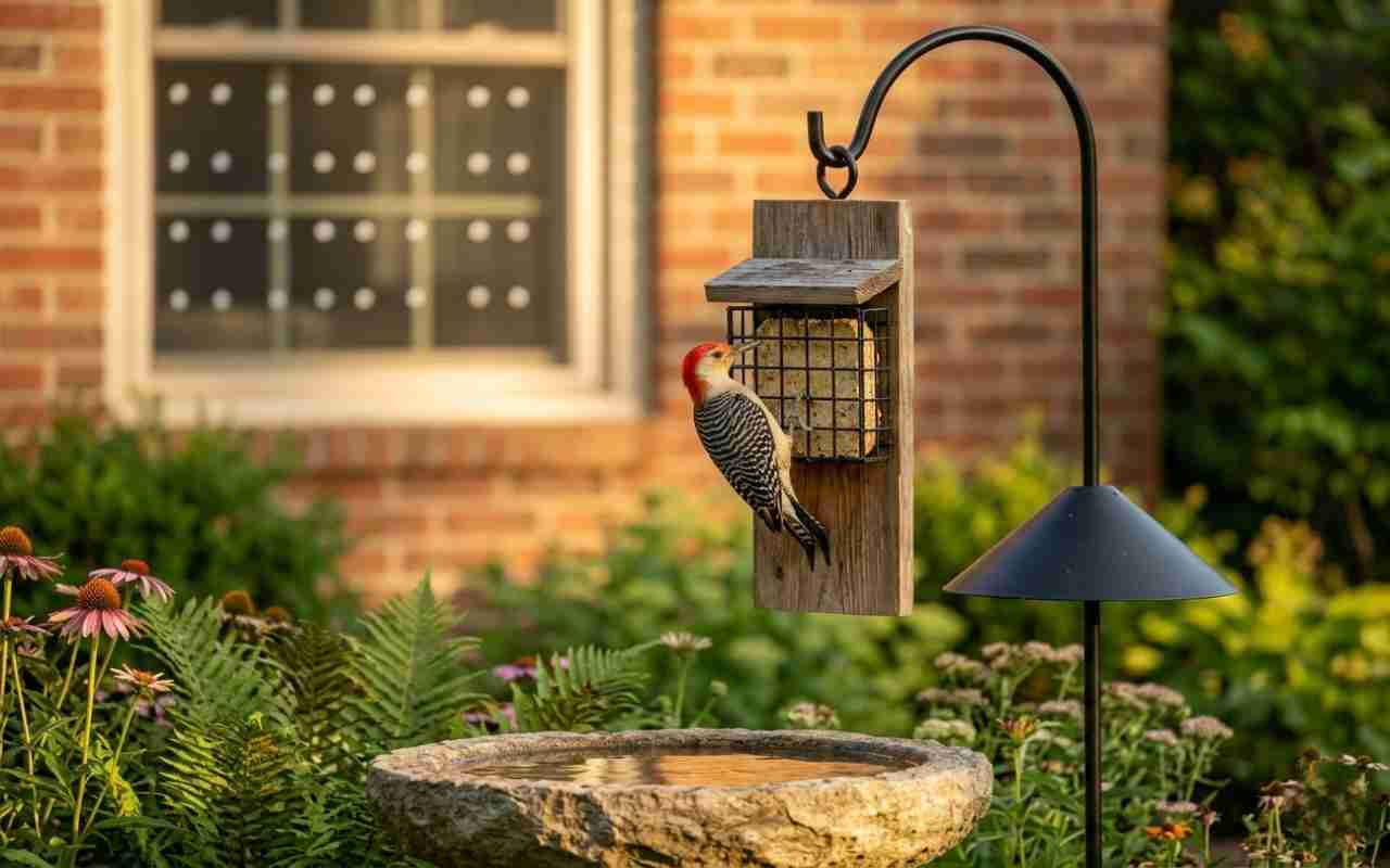 A Red-bellied Woodpecker using a proportional cedar tail-prop suet feeder with a squirrel-baffled pole and UV-reflective window decals.