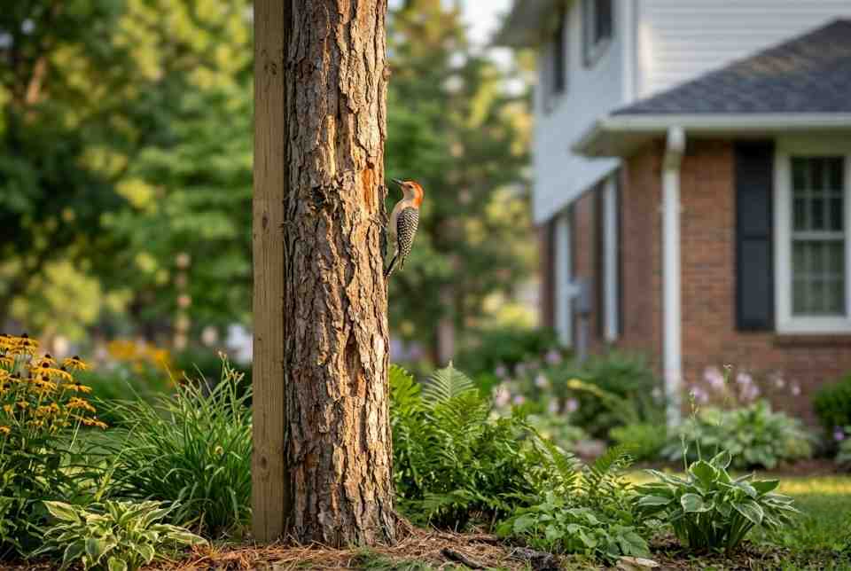 A dead tree snag secured to a support post in a suburban backyard to provide a safe foraging alternative for a Red-bellied Woodpecker.
