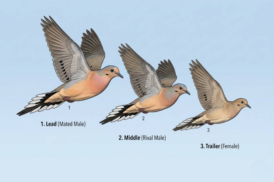 A technical diagram of three mourning doves in flight formation illustrating the social roles of mated male, rival male, and female.