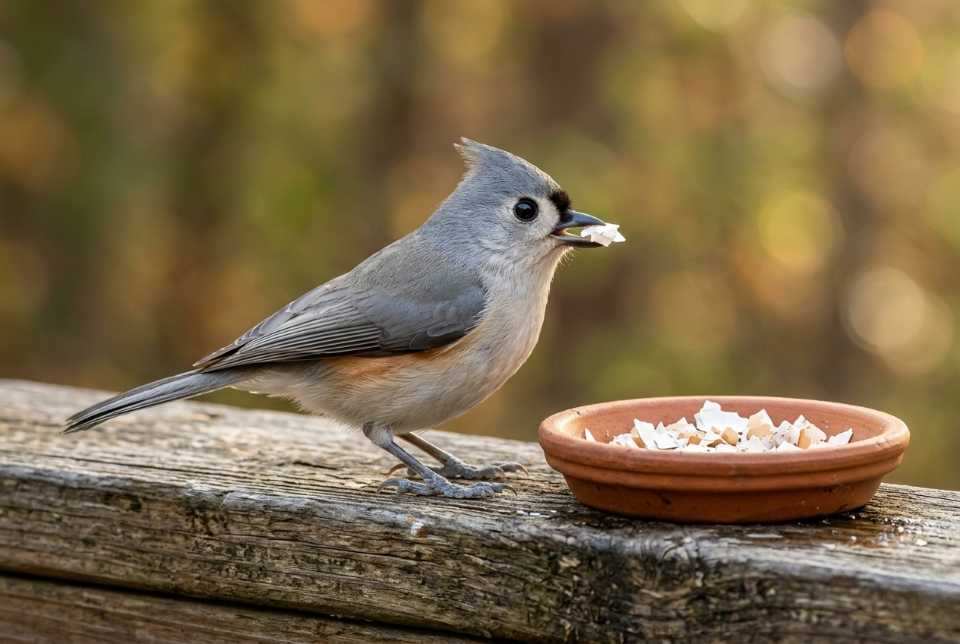 A Tufted Titmouse perched on a terra cotta dish of crushed eggshells, illustrating supplemental calcium support during the egg-laying phase.