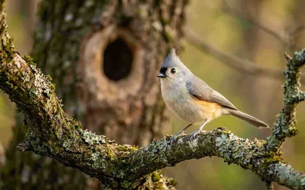 A Tufted Titmouse with its signature grey crest perched on a lichen-covered oak branch, positioned directly in front of a natural tree hollow.