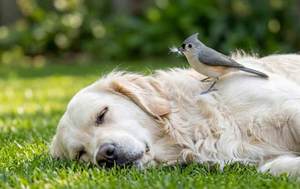 A sharp, high-resolution photo of a Tufted Titmouse perched on a sleeping Golden Retriever, holding a delicate tuft of white fur in its beak.