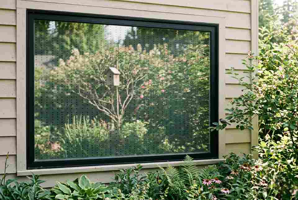 A garden window treated with a 2x4 UV dot grid to prevent bird strikes, with a birdhouse and native shrubs reflected in the glass.