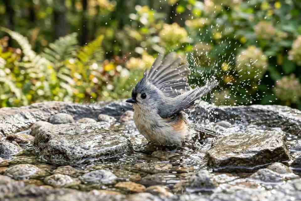 A Tufted Titmouse standing on a flat stone in a 1-inch deep birdbath, illustrating the shallow water safety standard for small songbirds.