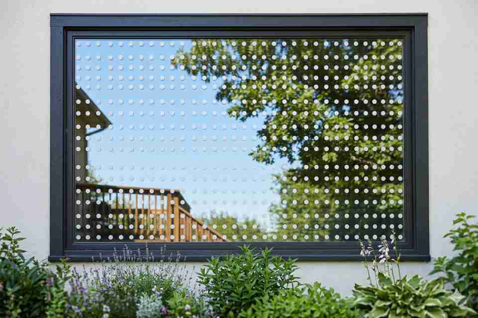 An exterior view of a residential window with UV-reflective decals applied in a dense grid to prevent fledgling bird strikes.