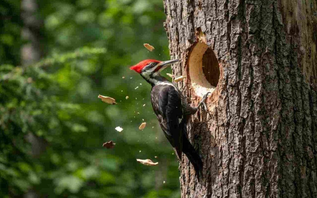 A male Pileated Woodpecker excavating a smooth, oval nesting cavity in a large dead snag, with large wood chips falling in mid-air.
