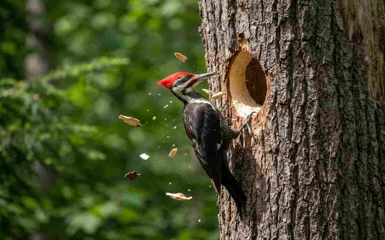 A male Pileated Woodpecker excavating a smooth, oval nesting cavity in a large dead snag, with large wood chips falling in mid-air.