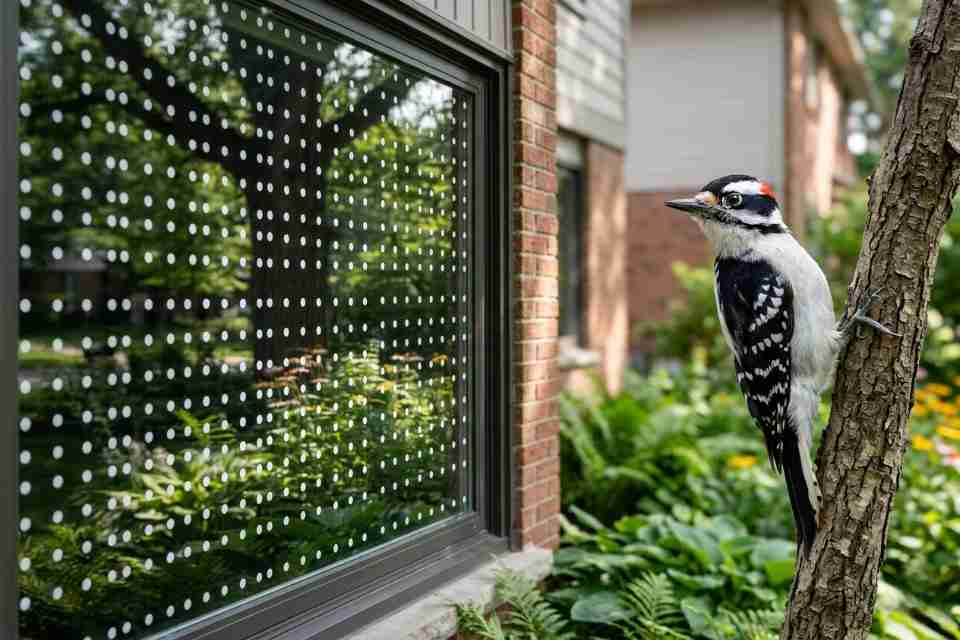 A Downy Woodpecker perched on a tree next to a residential window treated with UV-reflective dots spaced 2 inches horizontally and 4 inches vertically.