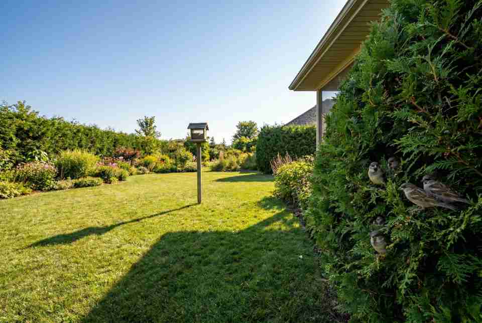 Wide-angle view of a bird feeder placed 30 feet away from a dense hedge to deter House Sparrows. Visual generated via AI for educational clarity.