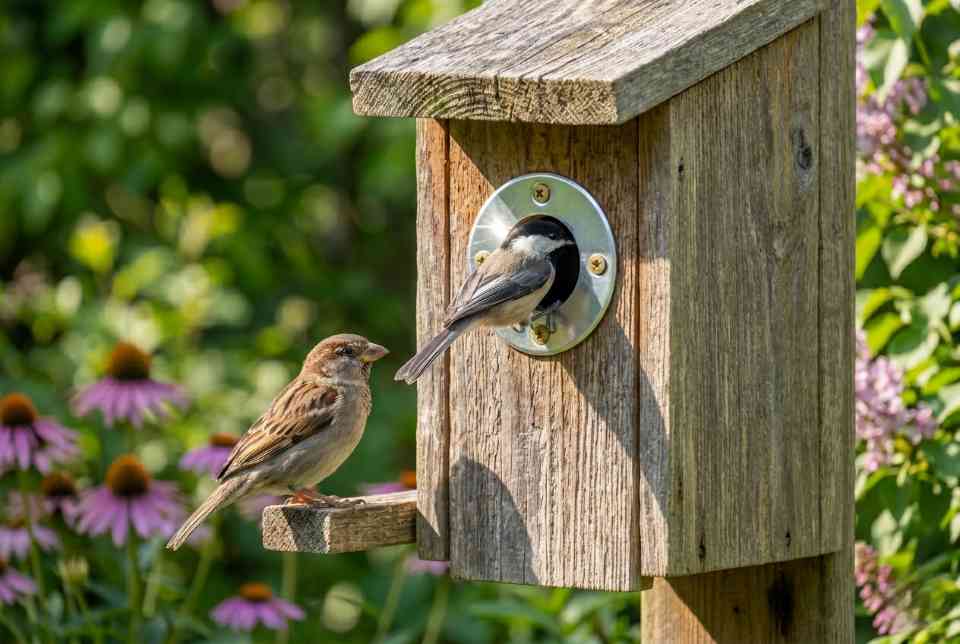 A Black-capped Chickadee entering a nest box equipped with a 1.125-inch metal hole restrictor that blocks House Sparrows. Visual generated via AI for educational clarity.