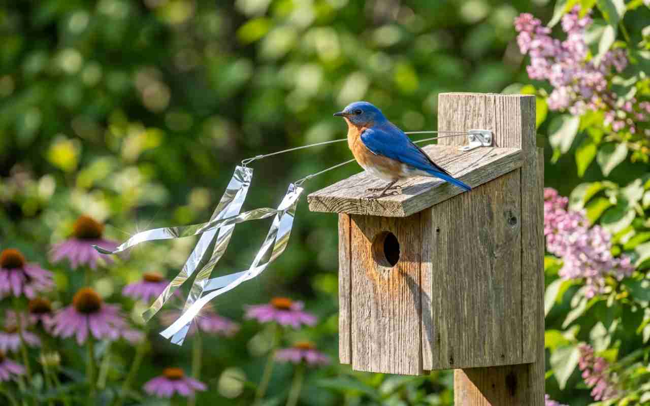 A male Eastern Bluebird on a nest box equipped with a Mylar sparrow spooker. Visual generated via AI for educational clarity.