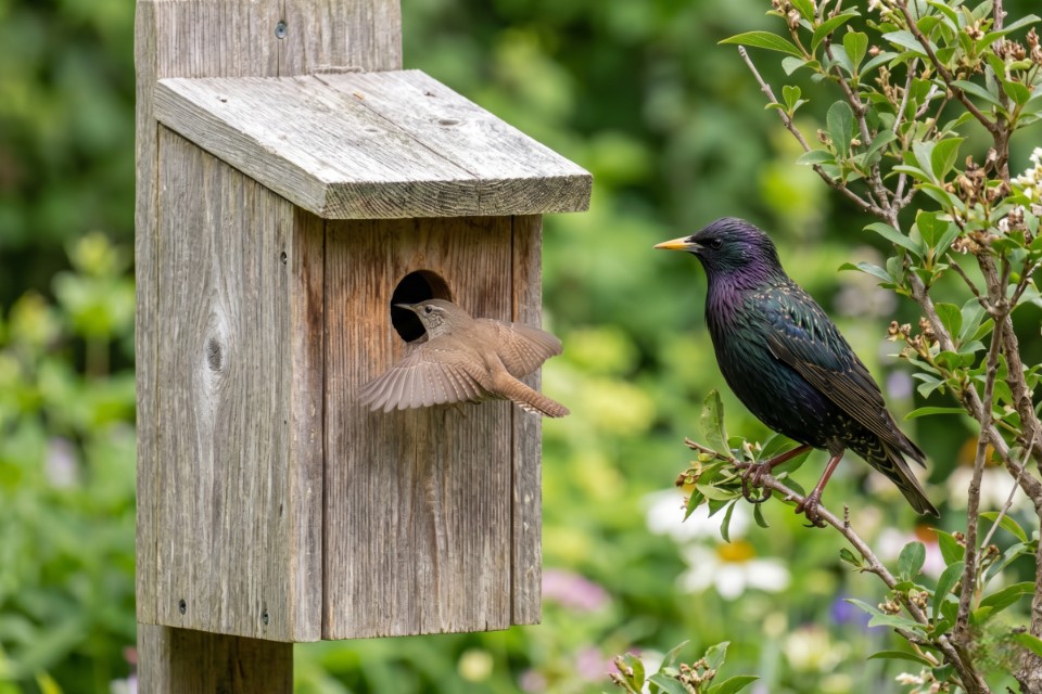 A House Wren entering a wooden nest box while an iridescent European Starling watches from a nearby branch, illustrating successful mechanical deterrence. Visual generated via AI for educational clarity; Photo via Feathered Guru.