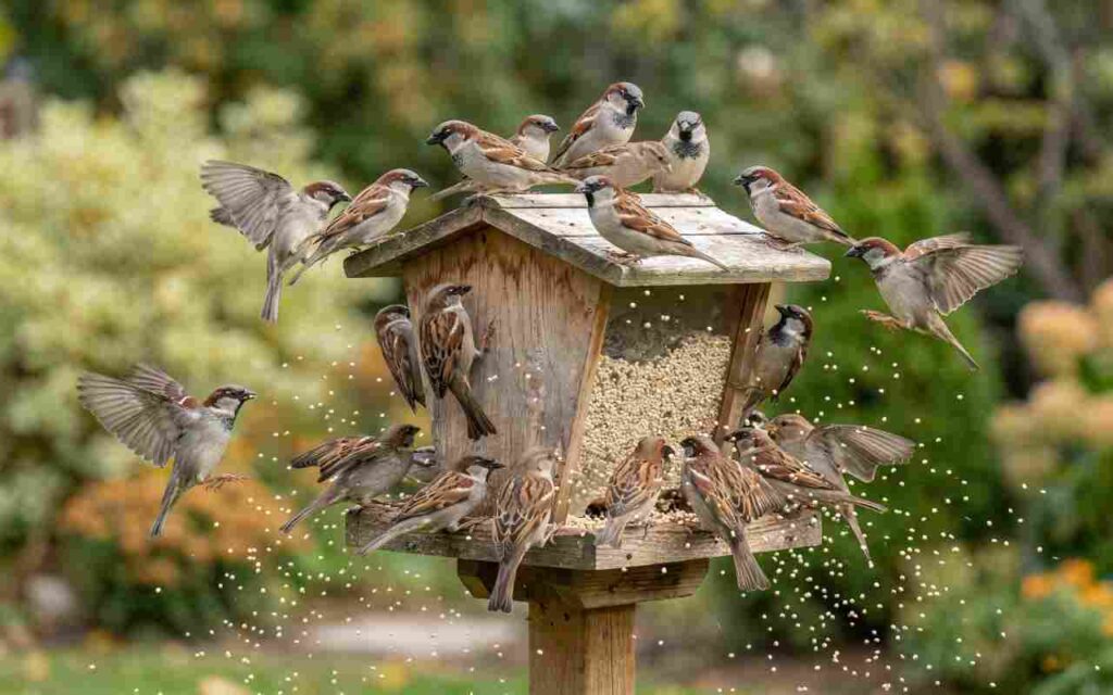 A chaotic flock of House Sparrows swarming a wooden bird feeder and scattering white proso millet. Visual generated via AI for educational clarity. Photo via Feathered Guru.