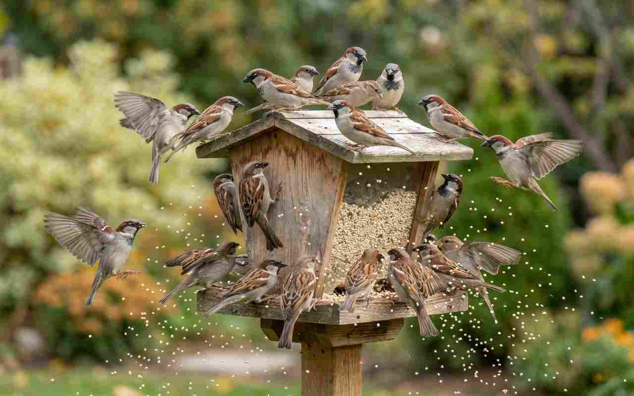 A chaotic flock of House Sparrows swarming a wooden bird feeder and scattering white proso millet. Visual generated via AI for educational clarity. Photo via Feathered Guru.