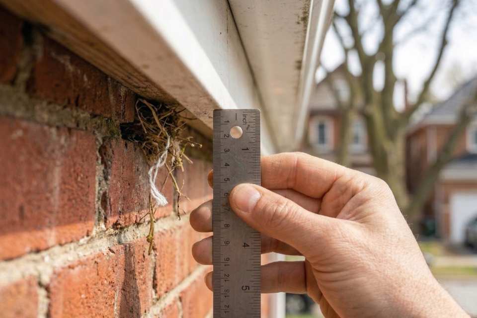 A technical measurement of a bird entry gap between a brick wall and a soffit using a metal ruler, showing active nesting debris. Visual generated via AI for educational clarity. Photo via Feathered Guru.