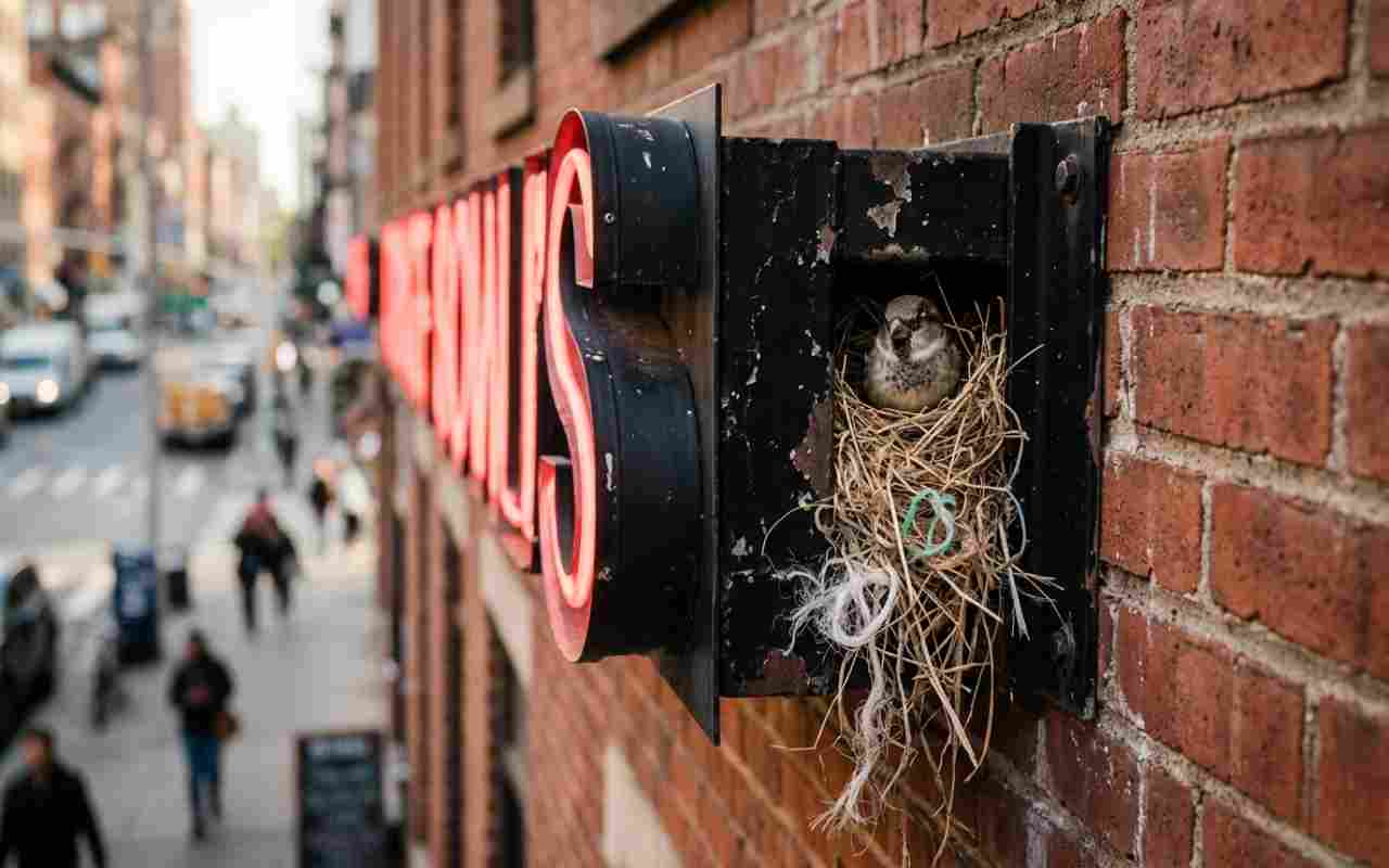 A male House Sparrow nesting in a red neon storefront letter "B," illustrating urban architectural exploitation and the use of synthetic anthropogenic nesting materials. Visual generated via AI for educational clarity. Photo via Feathered Guru.
