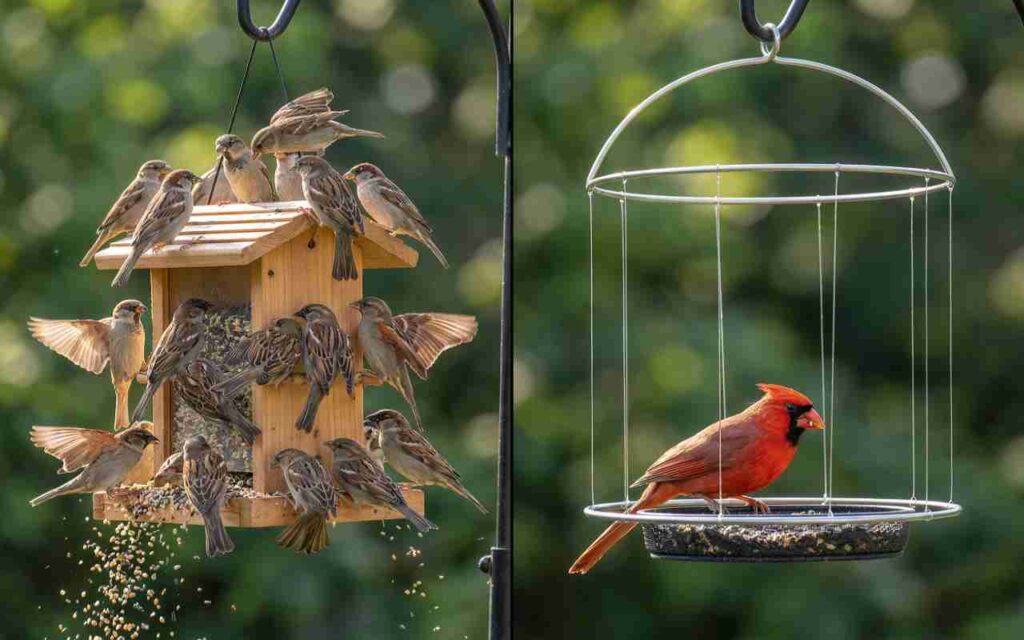 Split-screen comparison of a sparrow-swarmed feeder vs a feeder protected by a Magic Halo with a feeding Northern Cardinal. Visual generated via AI for educational clarity.
