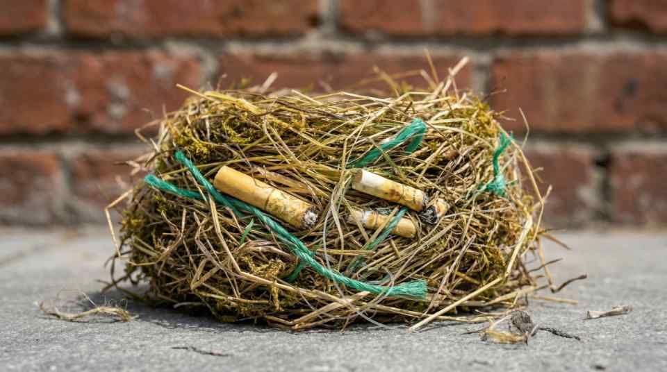 n urban House Sparrow nest showing weathered cigarette filters and plastic twine woven into a grass and moss base. Visual generated via AI for educational clarity. Photo via Feathered Guru.