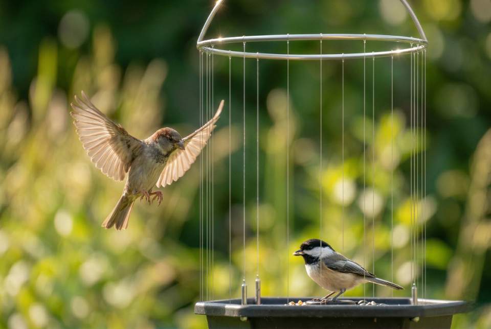 A House Sparrow captured in mid-air braking before a Magic Halo deterrent while a Black-capped Chickadee feeds peacefully inside. Visual generated via AI for educational clarity.