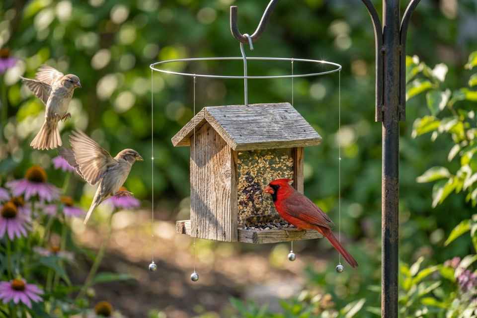 A Northern Cardinal feeding at a bird feeder equipped with a Magic Halo while House Sparrows are deterred in flight. Visual generated via AI for educational clarity.