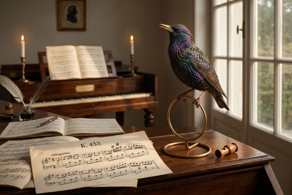 A forensic visualization of a European starling perched near Mozart's Piano Concerto No. 17 (K. 453) sheet music in an 18th-century Viennese study. Visual generated via AI for educational clarity; Photo via Feathered Guru.