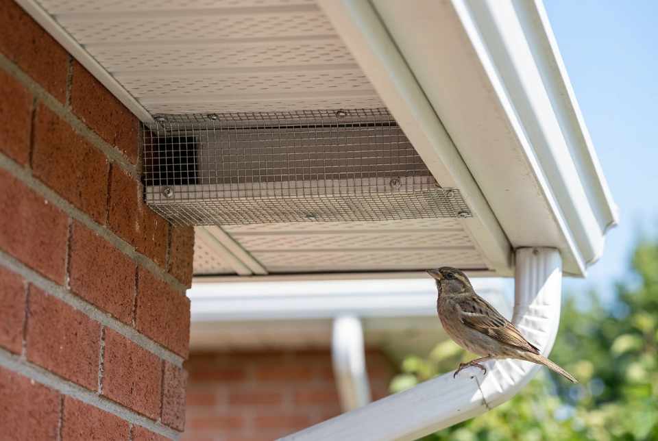 A female House Sparrow blocked from nesting in a residential roof eave by a professionally installed 1/4-inch hardware cloth mesh. Visual generated via AI for educational clarity.