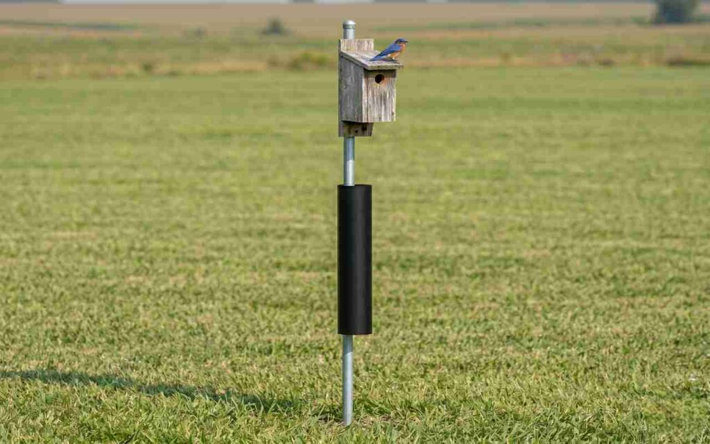 A male Eastern Bluebird on a weathered cedar nest box mounted 5 feet high with a 24-inch stovepipe baffle in a mowed field with short grass.