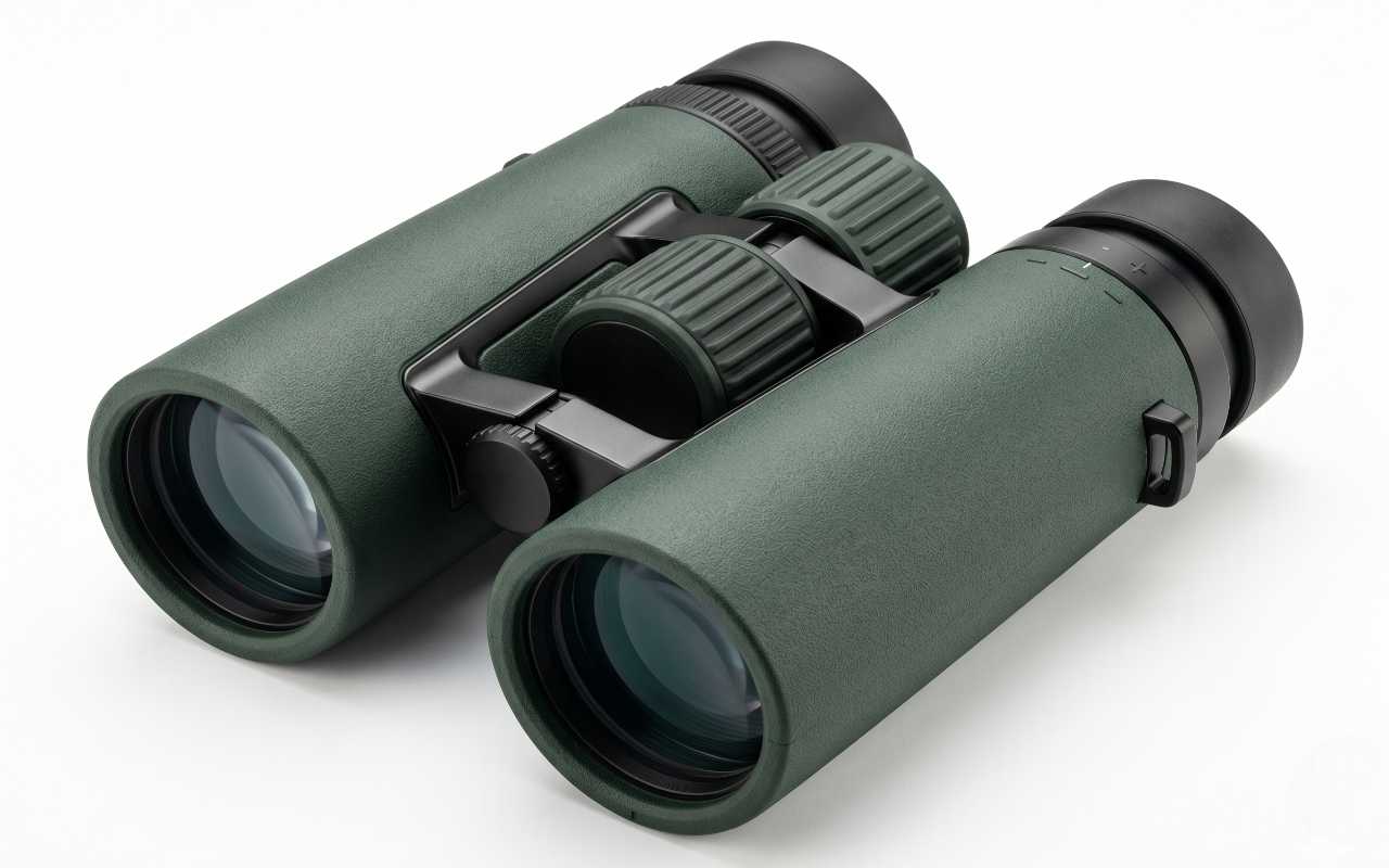 Best ergonomic binoculars for seniors with arthritic hands showing a high-friction oversized focus wheel and open bridge chassis.
