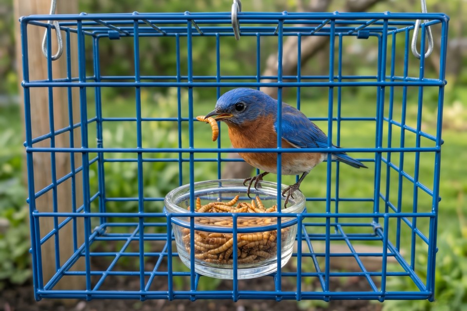 A male Eastern Bluebird inside a blue wire cage mealworm feeder with 1.5-inch openings to keep starlings out.