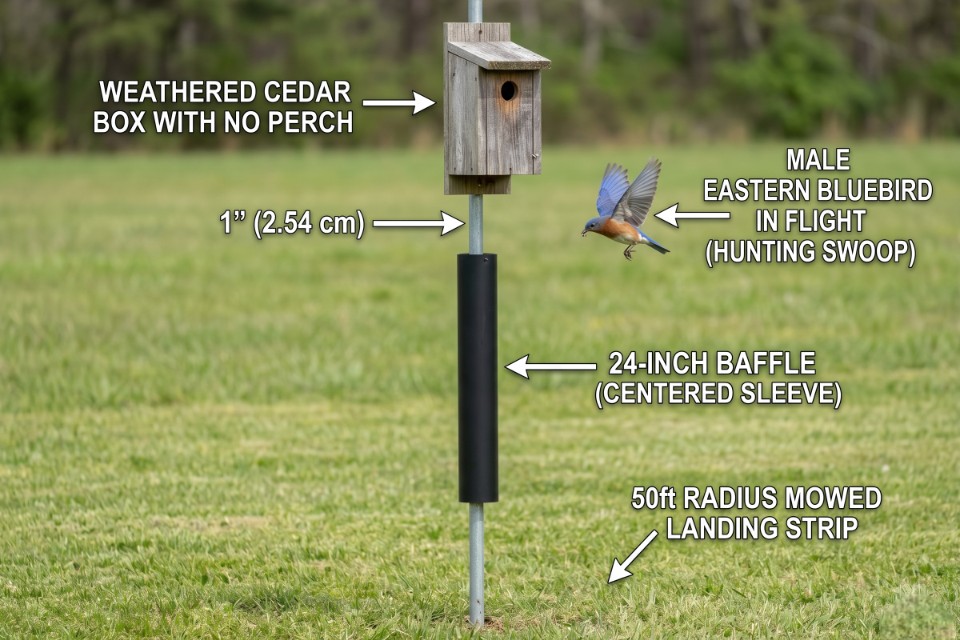 A labeled forensic infographic showing a male Eastern Bluebird in a hunting swoop over a 50-foot mowed landing strip with a centered predator-proof baffle system.