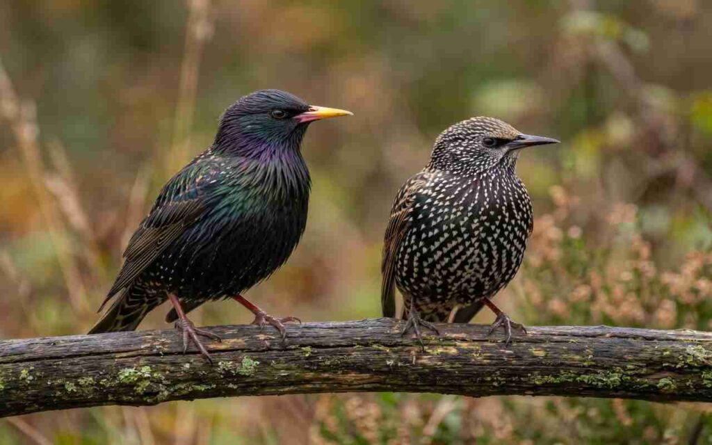 A side-by-side identification comparison of a European Starling in glossy iridescent summer plumage with a yellow bill next to one in heavily spotted winter plumage with a dark bill. Visual generated via AI for educational clarity.