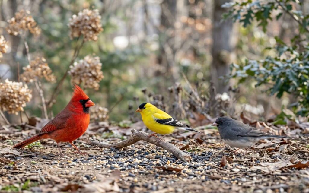 A male Northern Cardinal, a yellow American Goldfinch, and a slate-gray Dark-eyed Junco foraging naturally on ground leaf litter with birdseed.