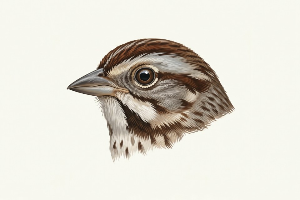 A close-up field guide diagram mapping the location of a sparrow supercilium eye line crown stripe and malar stripes.