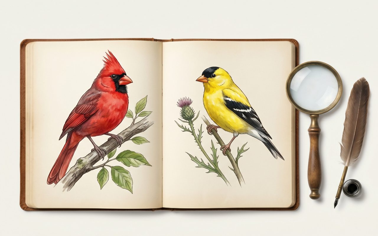 An open leather field guide notebook displaying watercolor illustrations of a red cardinal and a yellow goldfinch on an off-white background.