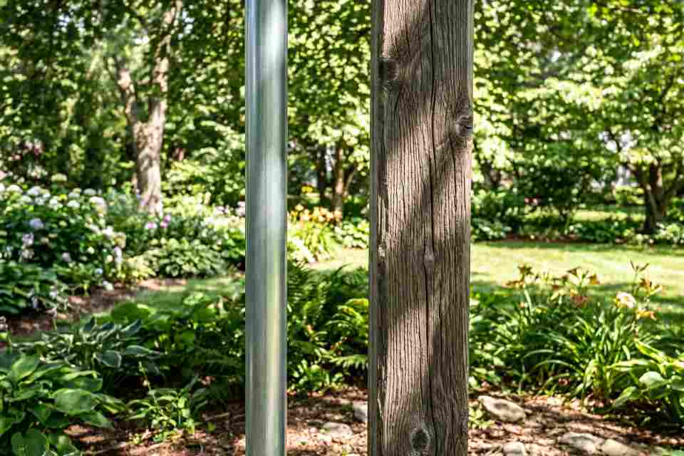 Close-up comparison showing a smooth galvanized steel conduit pole versus a textured wooden fence post for nest box mounting.