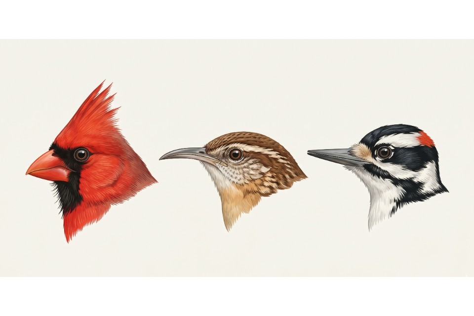 An anatomical field guide chart comparing a cardinal conical bill, a wren slender bill, and a woodpecker chisel bill with clean side padding.