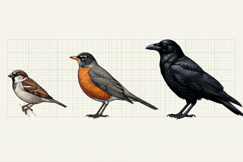 A silhouette identification chart comparing the size benchmarks of a House Sparrow, American Robin, and American Crow on a grid background.