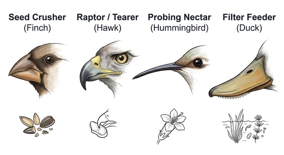 An infographic chart illustrating four distinct bird beak types—finch, hawk, hummingbird, and duck—showing how bill shapes match their specific feeding styles for bird identification by shape.
