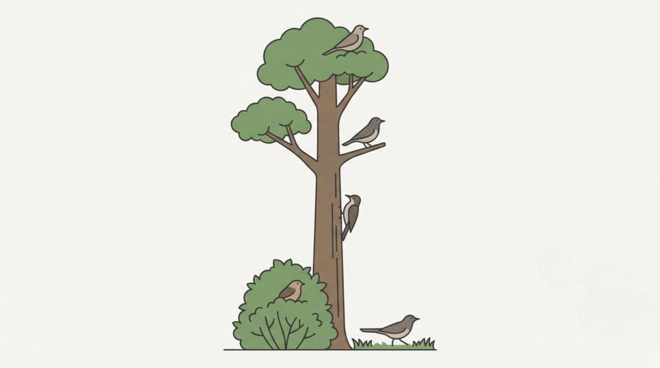An infographic chart mapping backyard bird micro-habitats including the open lawn, shrub understory, vertical tree trunks, mid-canopy branches, and high tree tops for bird identification by habitat.