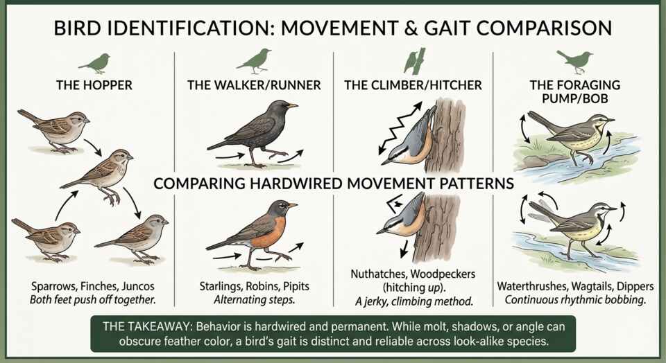 An infographic chart comparing hardwired bird movement patterns including hopping sparrows, walking robins, climbing nuthatches, and bobbing waterthrushes for bird identification by behavior.