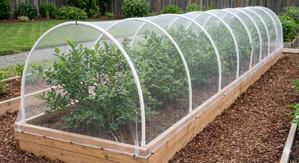 A wide-angle real-world garden layout showing a low-tunnel PVC hoop structure covered in a taut white mesh netting protecting multiple blueberry bushes.