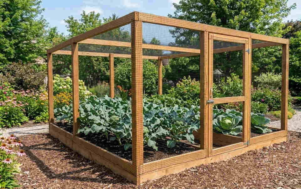 A wide-angle horizontal view of a backyard garden raised bed showing a large walk-in wooden frame cage wrapped tightly in black bird netting protecting mature broccoli and cabbage plants.