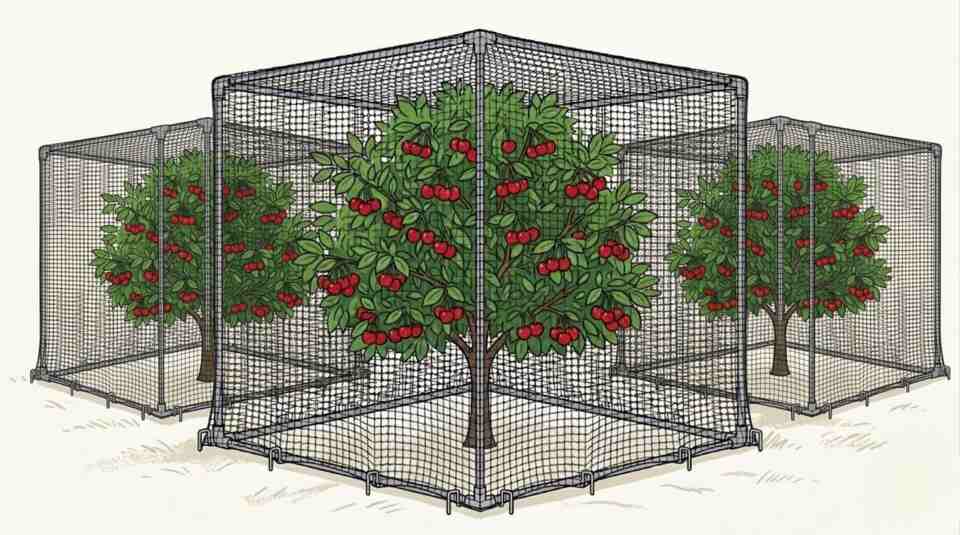 An infographic line-art diagram comparing a cherry branch wrapped in an organza fruit bag next to a dwarf cherry tree with a tight lower trunk net gather anchor.