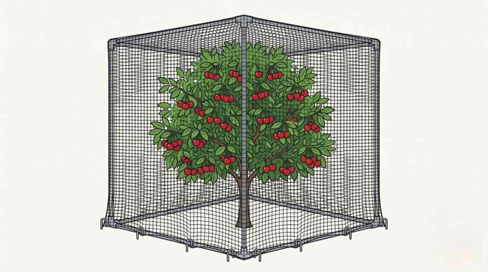 An infographic diagram illustrating a rigid PVC box frame setup covered in tight mesh netting to keep birds out of your backyard berries and fruit trees.