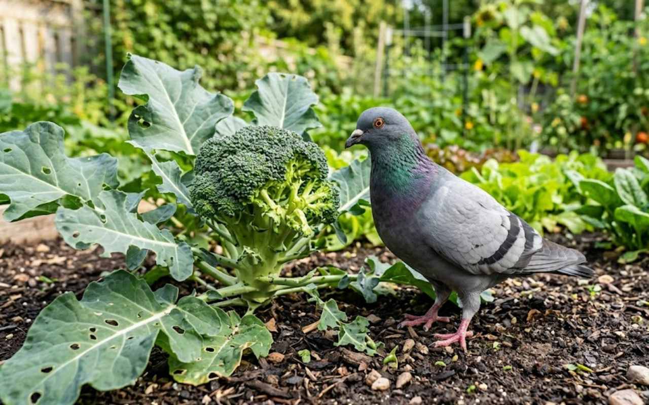 A close-up horizontal photograph of a pigeon standing on dark garden soil next to an open broccoli head with pecked green leaves.